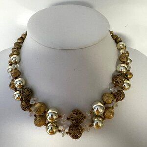 Vintage Lisner Double Strand Necklace Gold Tone Filigree Textures AB Beads